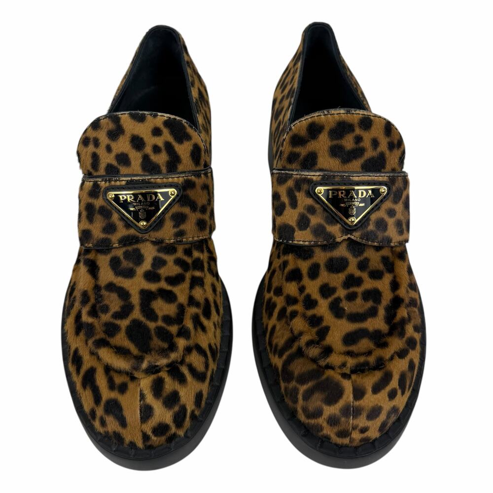 Prada Enamel Triangel Logo Leopard Printed Leather Loafer Brown Size 38.5 - Picture 4 of 16